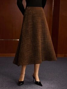 MOTF PREMIUM Falda línea A texturizada para cita y fiesta, marrón oscuro, vintage y elegante - Café integral - Ver 7
