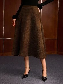 MOTF PREMIUM Falda línea A texturizada para cita y fiesta, marrón oscuro, vintage y elegante - Café integral - Ver 4