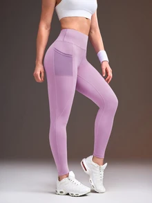 Powerista 女款紫色網眼口袋九分運動緊身褲，適合跑步、瑜珈、工作室、網球、健身房、室內外運動與日常穿著 - 紫色 - 查看 9