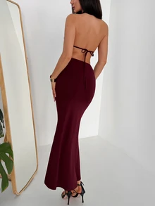 Aloruh Sexy Halter Burgundy Knitted Maxi Dress For Women Sleeveless Long Fitted Pencil Gown With Rhinestone Accent - Burgundy - View 2