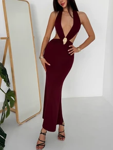 Aloruh Sexy Halter Burgundy Knitted Maxi Dress For Women Sleeveless Long Fitted Pencil Gown With Rhinestone Accent - Burgundy - View 5