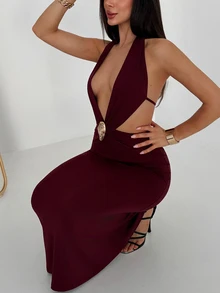 Aloruh Sexy Halter Burgundy Knitted Maxi Dress For Women Sleeveless Long Fitted Pencil Gown With Rhinestone Accent - Burgundy - View 7