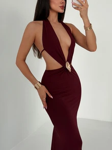 Aloruh Sexy Halter Burgundy Knitted Maxi Dress For Women Sleeveless Long Fitted Pencil Gown With Rhinestone Accent - Burgundy - View 3