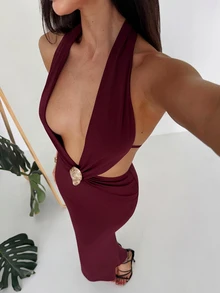 Aloruh Sexy Halter Burgundy Knitted Maxi Dress For Women Sleeveless Long Fitted Pencil Gown With Rhinestone Accent - Burgundy - View 6