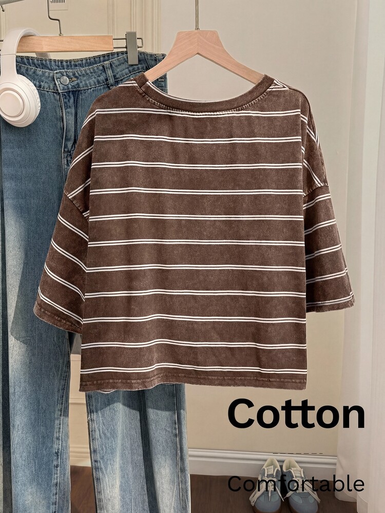 Comfortcana Plus Size Casual Short Sleeve T-Shirt, Washed Cotton, Loose Fit, Half Coffee Brown Striped Top, Blouse For Women, New - Coffee Brown - View 2