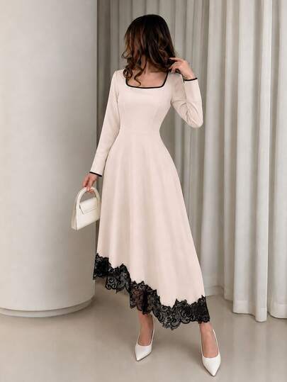 NOVVYNE Women's Mid-Length Elegant Square Neck Contrast Trim Long Sleeve A-Line Apricot Dress With Asymmetric Lace Hem, Suitable For Office, Outings, Vacation, Party, Autumn