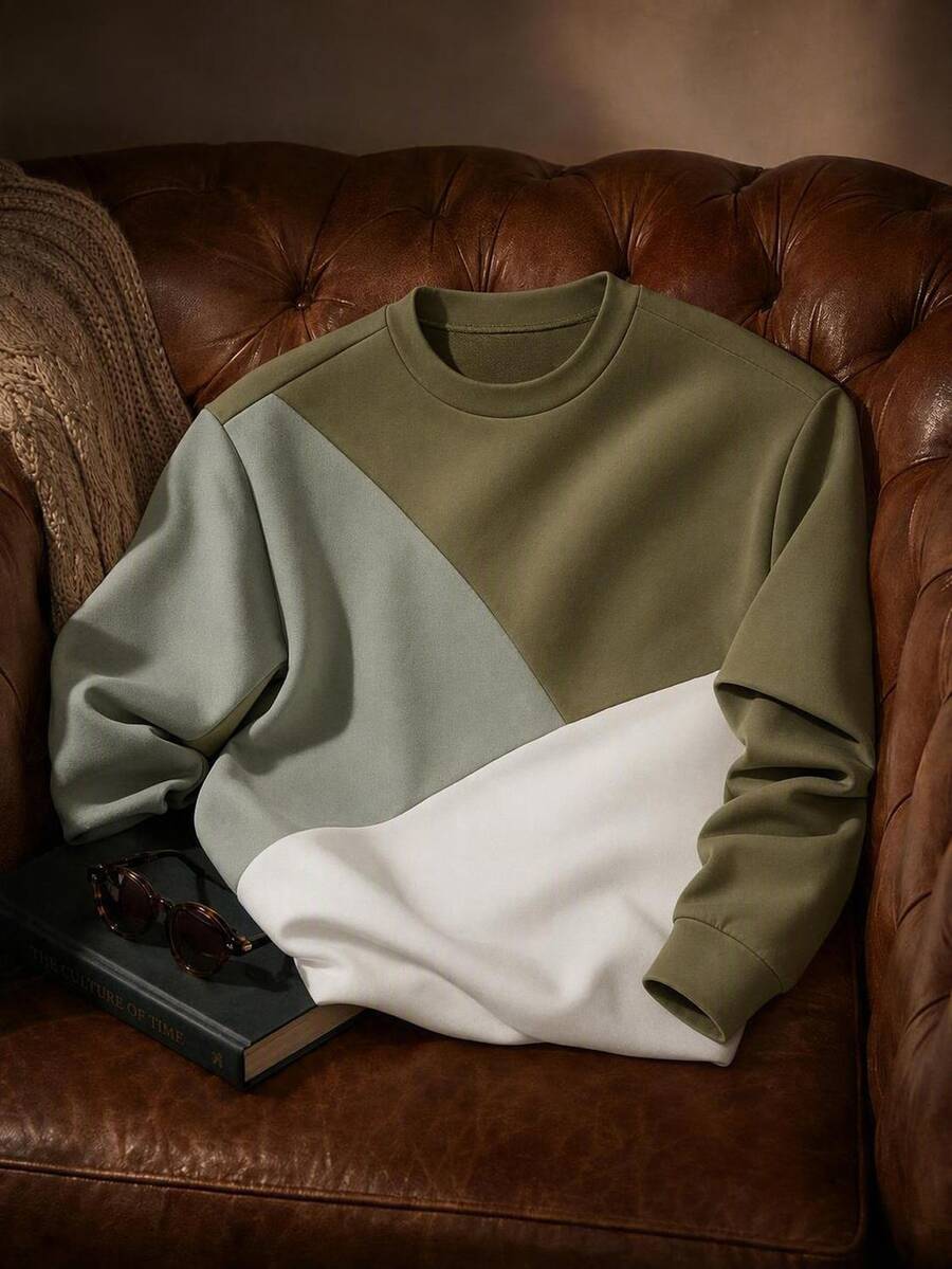 Manfinity RebelGame Men's Colorblock Crew Neck Long Sleeve Casual Street Loose Fit Pullover Sweatshirt Beach Vacation Birthday Cruise Holiday Sage Green Autumn - Multicolor - View 1