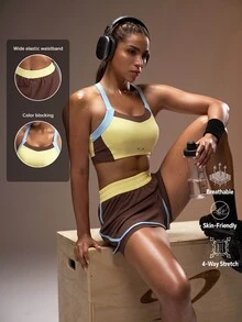 Powerista Conjunto de sujetador deportivo y pantalones cortos 2 en 1 con bloques de color marrón, amarillo y azul para mujer - Marrón - Ver 2
