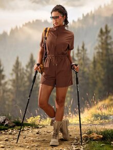 Exploreva Women's Drawstring Waist Outdoor Workout Romper Coffee Brown Summer Casual Athleisure - Coffee Brown - View 5