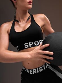 Powerista 女款黑色文字彈性裝飾運動內衣 配色高強度運動內衣 運動穿著 運動內衣 藍綠色運動內衣 健身內衣 開背設計 - 黑色 - 查看 6