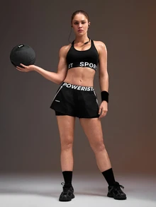 Powerista 女款黑色文字彈性裝飾運動內衣 配色高強度運動內衣 運動穿著 運動內衣 藍綠色運動內衣 健身內衣 開背設計 - 黑色 - 查看 8
