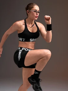 Powerista 女款黑色文字彈性裝飾運動內衣 配色高強度運動內衣 運動穿著 運動內衣 藍綠色運動內衣 健身內衣 開背設計 - 黑色 - 查看 9