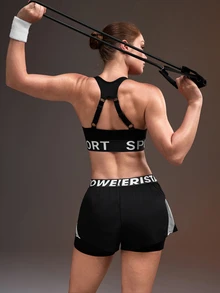 Powerista 女款黑色文字彈性裝飾運動內衣 配色高強度運動內衣 運動穿著 運動內衣 藍綠色運動內衣 健身內衣 開背設計 - 黑色 - 查看 5