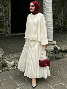 Celisse طقم نسائي من قطعتين بلون سادة أنيق وبسيط ومحتشم، بكسرات وياقة دائرية وأكمام طويلة، مناسب للنهار والليل، بيج، للخريف والكنيسة والتعميد - لون مشمشي - مشاهدة 3