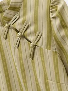Nöista Womenswear Stripped Blouse In Fall Winter Colors, With A Neck Closing With Oriental Buttons In The Front, Perfect For Fall Winter Outfits. - Green - View 13