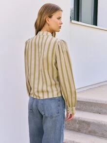 Nöista Womenswear Stripped Blouse In Fall Winter Colors, With A Neck Closing With Oriental Buttons In The Front, Perfect For Fall Winter Outfits. - Green - View 6