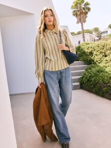 Nöista Womenswear Stripped Blouse In Fall Winter Colors, With A Neck Closing With Oriental Buttons In The Front, Perfect For Fall Winter Outfits. - Green - View 4