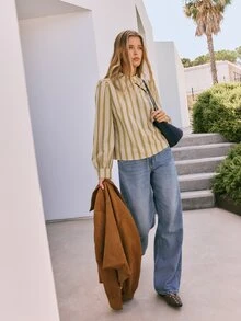 Nöista Womenswear Stripped Blouse In Fall Winter Colors, With A Neck Closing With Oriental Buttons In The Front, Perfect For Fall Winter Outfits. - Green - View 8