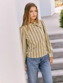 Nöista Womenswear Stripped Blouse In Fall Winter Colors, With A Neck Closing With Oriental Buttons In The Front, Perfect For Fall Winter Outfits. - Green - View 3