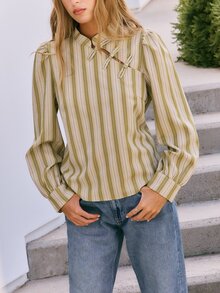 Nöista Womenswear Stripped Blouse In Fall Winter Colors, With A Neck Closing With Oriental Buttons In The Front, Perfect For Fall Winter Outfits. - Green - View 2