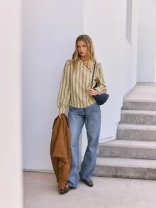 Nöista Womenswear Stripped Blouse In Fall Winter Colors, With A Neck Closing With Oriental Buttons In The Front, Perfect For Fall Winter Outfits. - Green - View 5