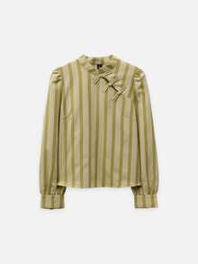 Nöista Womenswear Stripped Blouse In Fall Winter Colors, With A Neck Closing With Oriental Buttons In The Front, Perfect For Fall Winter Outfits. - Green - View 10