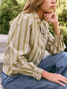 Nöista Womenswear Stripped Blouse In Fall Winter Colors, With A Neck Closing With Oriental Buttons In The Front, Perfect For Fall Winter Outfits. - Green - View 1