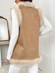 SHEIN Clasi Embroidered Patchwork With Furry Collar Retro Cottage Core Vintage Boho Jacket, Autumn/Winter Fall Travel Vacation Cream White - Brown - View 2