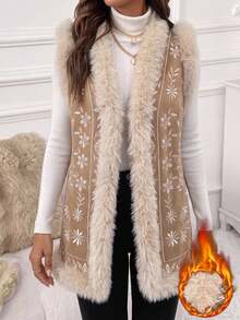 SHEIN Clasi Embroidered Patchwork With Furry Collar Retro Cottage Core Vintage Boho Jacket, Autumn/Winter Fall Travel Vacation Cream White - Brown - View 1