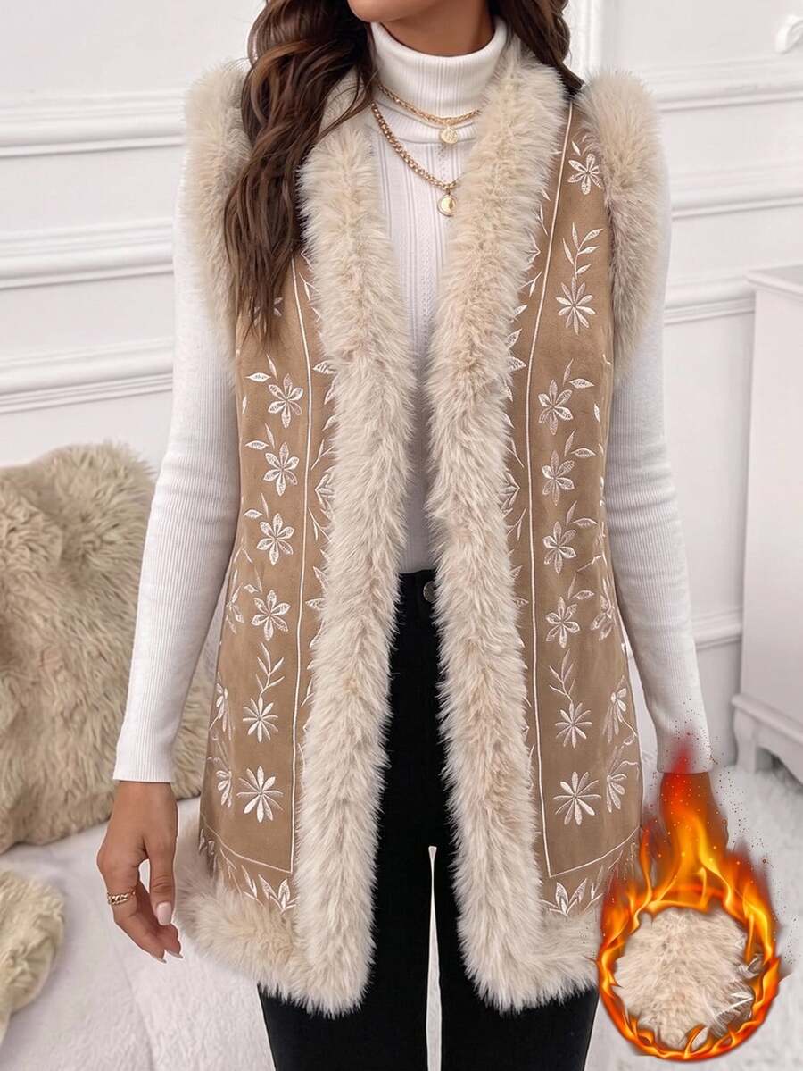 SHEIN Clasi Embroidered Patchwork With Furry Collar Retro Cottage Core Vintage Boho Jacket, Autumn/Winter Fall Travel Vacation Cream White - Brown - View 1