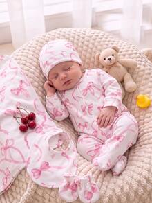 Newborn Soft Pink Sweet Bowknot Baby Girl Romper, Soft Skin-Friendly Footed Jumpsuit For Spring And Autumn - Multicolor - View 3