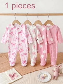Newborn Soft Pink Sweet Bowknot Baby Girl Romper, Soft Skin-Friendly Footed Jumpsuit For Spring And Autumn - Multicolor - View 8