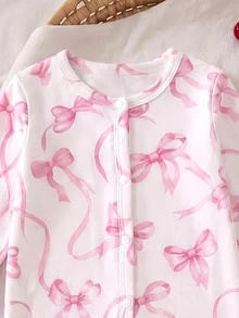Newborn Soft Pink Sweet Bowknot Baby Girl Romper, Soft Skin-Friendly Footed Jumpsuit For Spring And Autumn - Multicolor - View 4