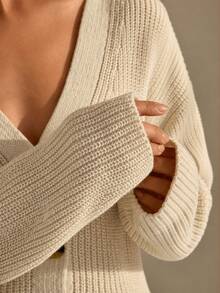 CLARA VERO Damen einfarbige V-Ausschnitt einreihige lässige elegante Alltags-Strickjacke Büro Cremeweiß Herbst - Beige - Übersicht 6