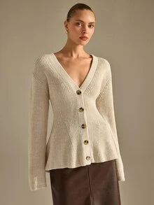 CLARA VERO Damen einfarbige V-Ausschnitt einreihige lässige elegante Alltags-Strickjacke Büro Cremeweiß Herbst - Beige - Übersicht 2