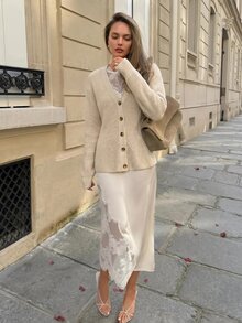 CLARA VERO Damen einfarbige V-Ausschnitt einreihige lässige elegante Alltags-Strickjacke Büro Cremeweiß Herbst - Beige - Übersicht 9