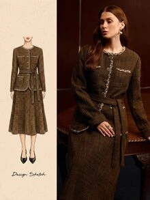 MOTF PREMIUM TWEED CONTRAST TRIM BELTED COAT - Coffee Brown - View 7
