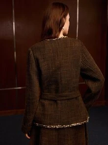 MOTF PREMIUM TWEED CONTRAST TRIM BELTED COAT - Coffee Brown - View 6