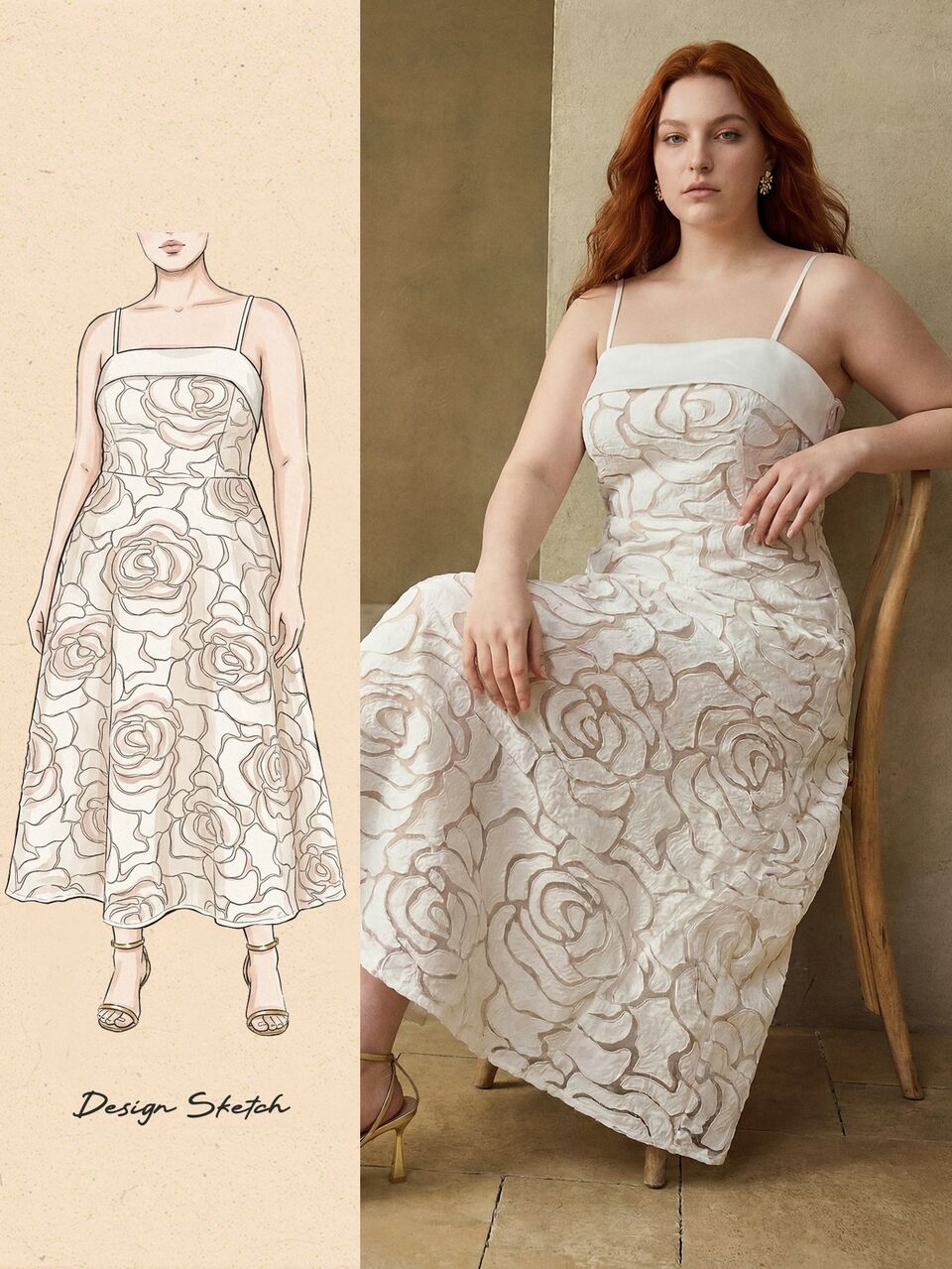 MOTF ELEGANT PLUS SIZE WHITE MIDI CAMI DRESS WITH SPAGHETTI STRAPS AND FLORAL PLANTS PATTERN ASYMMETRICAL DESIGN PERFECT FOR WEDDING GUESTS