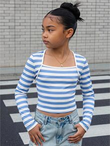 SHEIN Tween女孩休閒水手風復古藍白條紋方領長袖上衣 T恤，適合秋季日常與校園穿著 - 藍白色 - 查看 8