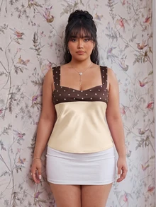 CovetEZ Plus Size Summer Elegant Colorblock Polka Dot Print Tank Top - Apricot - View 7