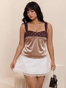 CovetEZ Plus Size Summer Elegant Colorblock Polka Dot Print Tank Top - Apricot - View 1