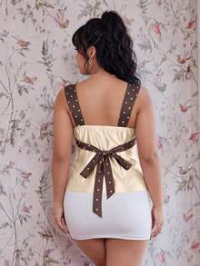 CovetEZ Plus Size Summer Elegant Colorblock Polka Dot Print Tank Top - Apricot - View 2