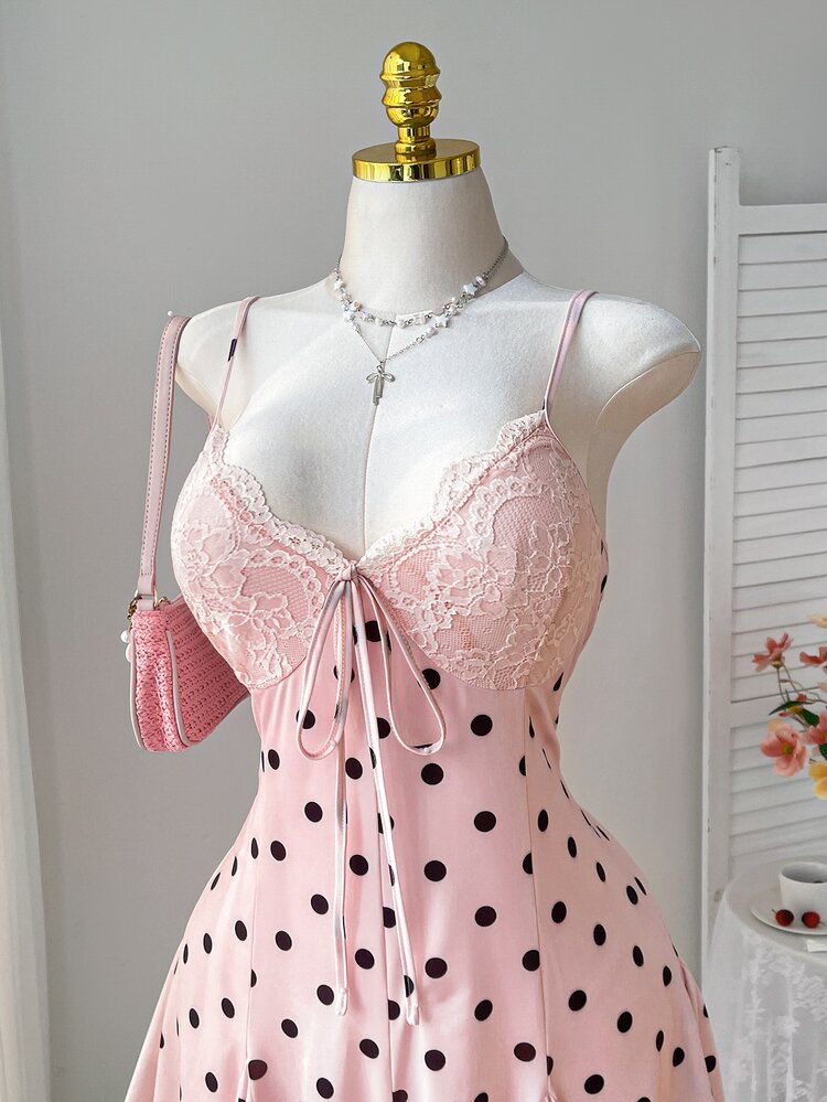CovetEZ Vestido casual de vacaciones de talla grande con encaje, estampado de lunares de color contrastante y volante en el bajo, para primavera/verano - Rosa - Añade 2