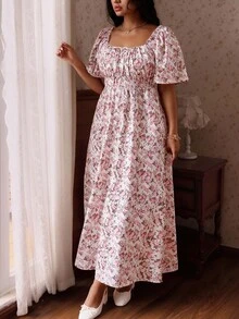 CovetEZ 春夏新款碎花方領泡泡袖A字長洋裝 休閒 1950年代復古 傳統仙女哥德風鄉村風 白色 - 粉色 - 查看 4