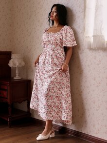 CovetEZ 春夏新款碎花方領泡泡袖A字長洋裝 休閒 1950年代復古 傳統仙女哥德風鄉村風 白色 - 粉色 - 查看 5