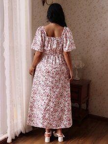 CovetEZ 春夏新款碎花方領泡泡袖A字長洋裝 休閒 1950年代復古 傳統仙女哥德風鄉村風 白色 - 粉色 - 查看 3