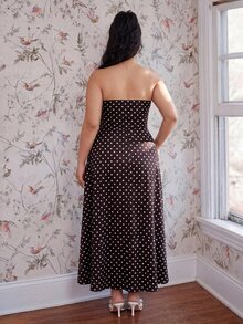 CovetEZ Plus Size Vintage Polka Dot Maxi A-Line Dress, Casual Vacation Style, Spring/Summer New Arrival,Plus Polkadot Strapless Long - Brown - View 2