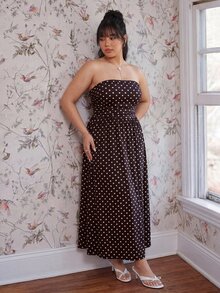 CovetEZ Plus Size Vintage Polka Dot Maxi A-Line Dress, Casual Vacation Style, Spring/Summer New Arrival,Plus Polkadot Strapless Long - Brown - View 3