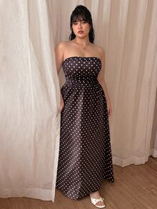 CovetEZ Plus Size Vintage Polka Dot Maxi A-Line Dress, Casual Vacation Style, Spring/Summer New Arrival,Plus Polkadot Strapless Long - Brown - View 6